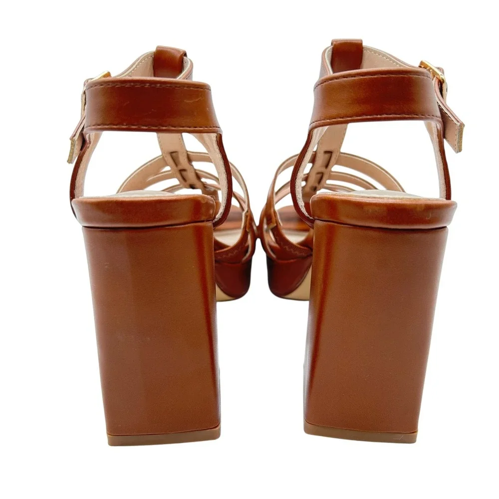 Allegra‎ K Platform Heel Sandals Womens 7 Brown Strappy Cage T Strap Block Heel